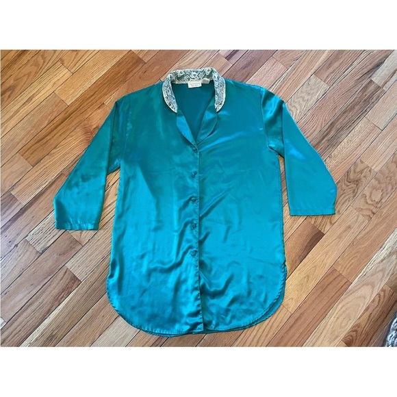 VTG Victoria's Secret Gold Label Green Satin Button Up Nightgown Womens Size M/L - Picture 1 of 12